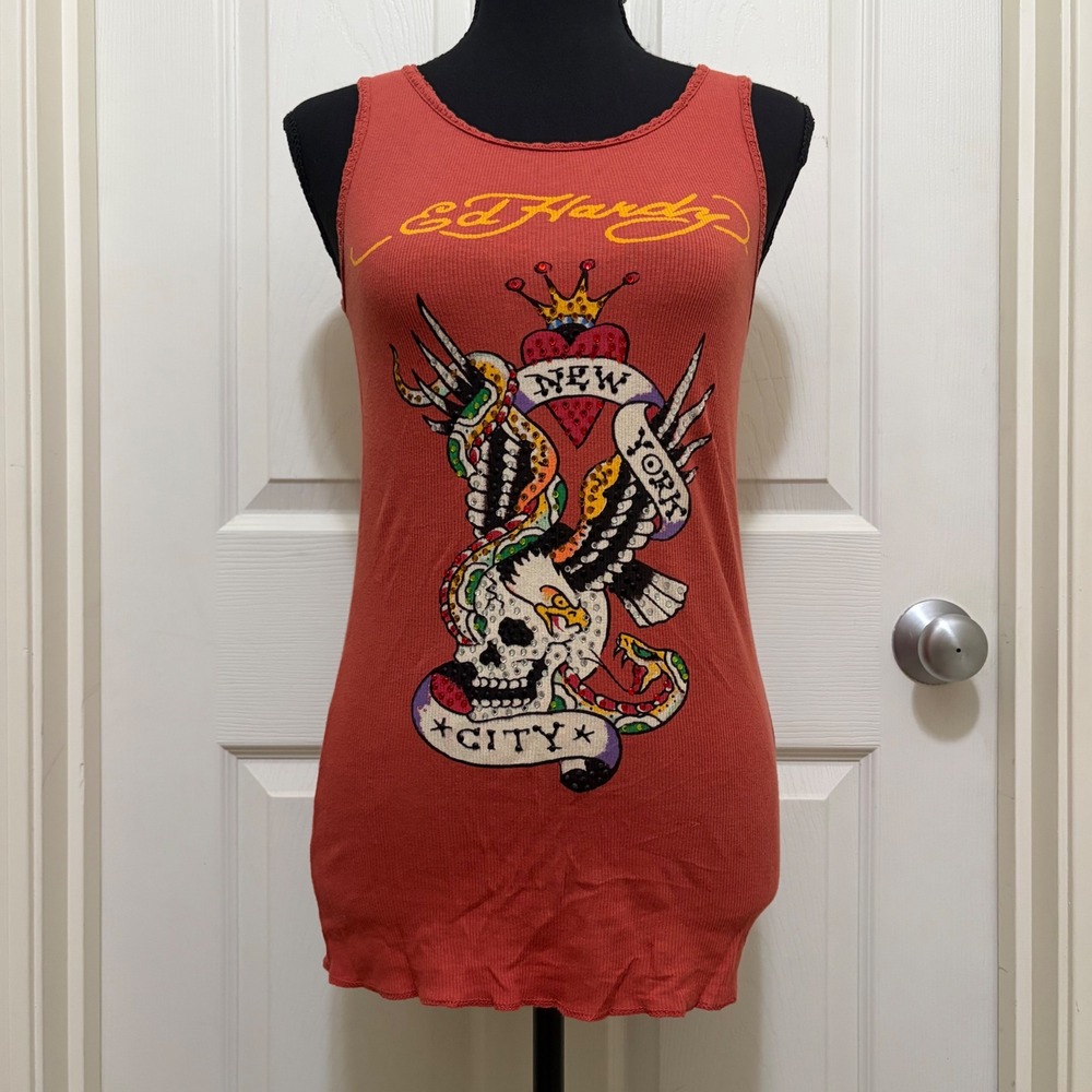 Ed Hardy Y2K Ribbed Tank Top OS Rhinestone NYC Skull Heart Eagle Snake USA Made